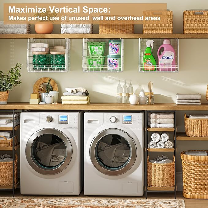 3 Pack Screw Mount Under The Wooden Shelf Laundry Room Organizer: Foldable Wire