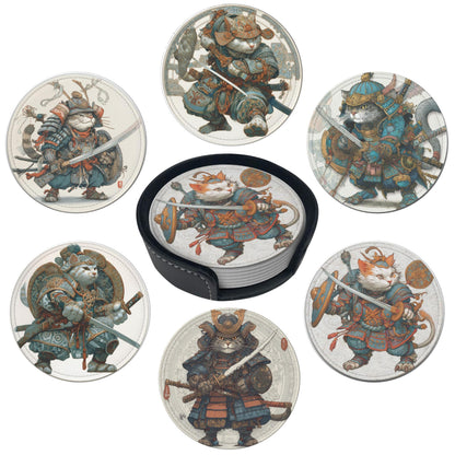 Japanese Cat Coasters Leather Round Drink Coasters 6 Pcs Set with Holderor for Cup Drink Coffee Table Bar Home Decor