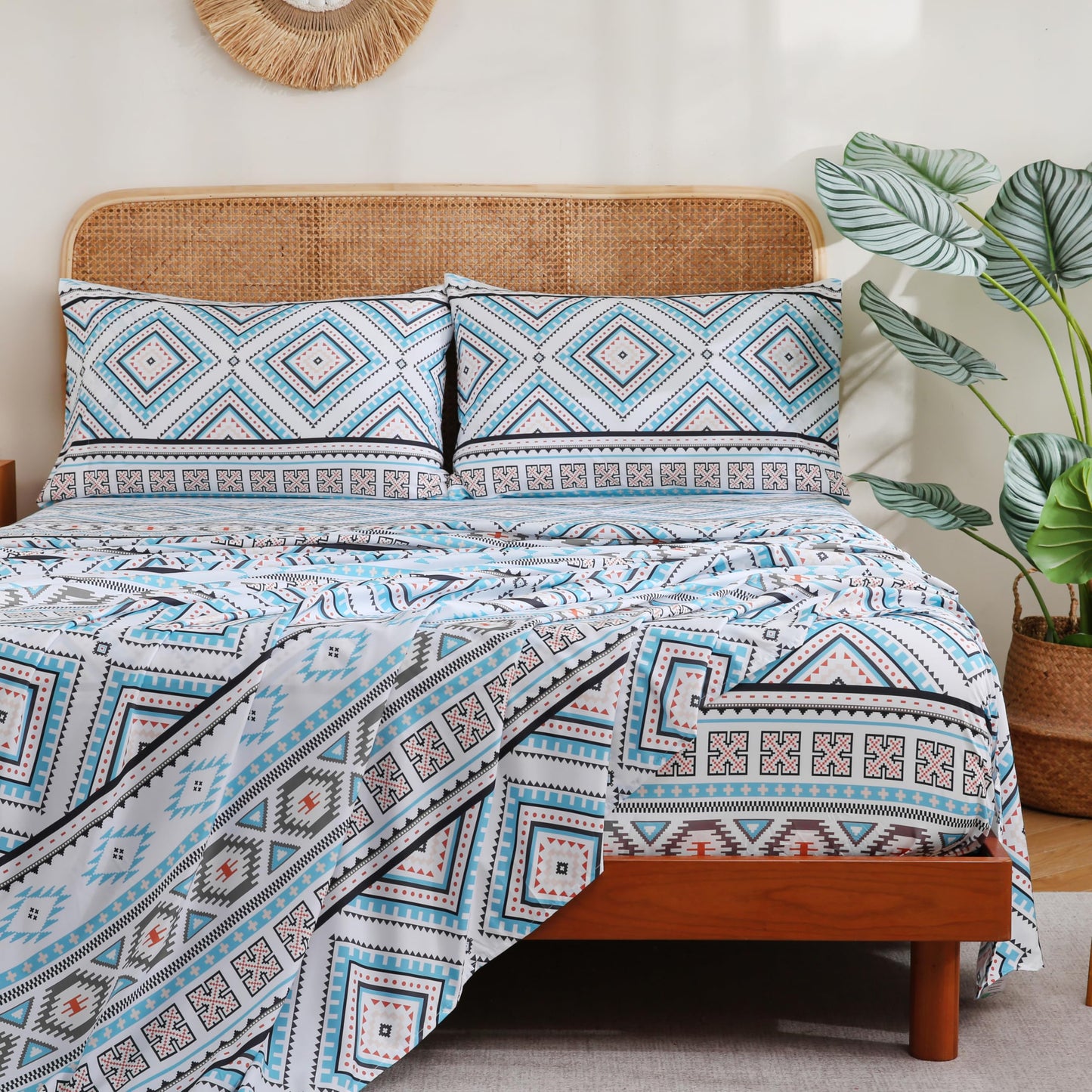 CozySmile 4 Pieces King Sheet Set Bohemian, Boho Sheets Soft Microfiber Deep Pocket, Western Sheets Geometric(King, Turquoise Geometric)