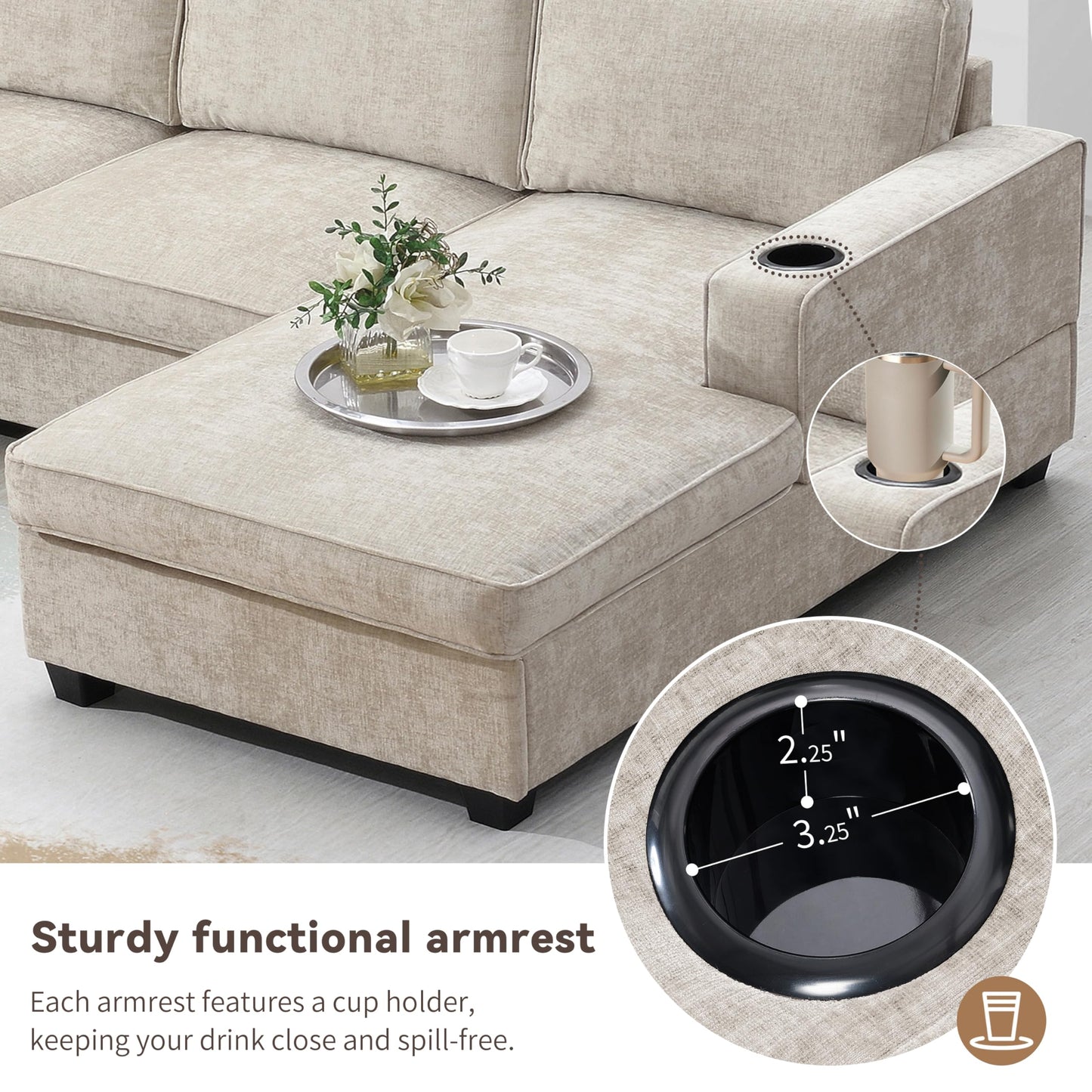 Merax Modern Oversized U-Shaped Sectional Sofa with Cup Holders & Chaise Lounge, Chenille 6-Seat Couch Set Sleeper Bed with Deep Seat Beige
