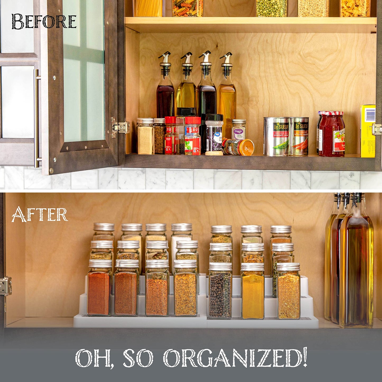 Oizeir 3–Tier Expandable Plastic Spice Rack - Adjustable Length, Stability with Non-Skid Shelf, Three Tiers for Easy Visibility, Organizer for Kitchen Cabinet, Pantry or Countertop, White/Grey