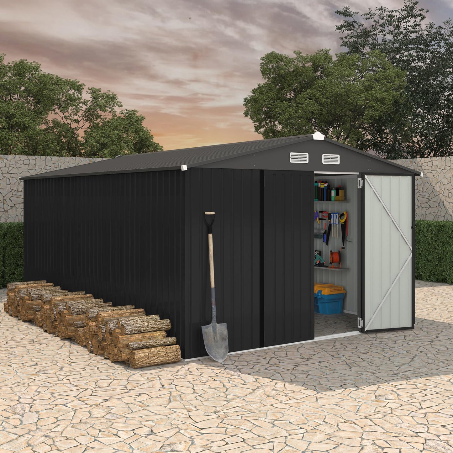 10X14 FT Metal Storage Sheds Outdoor, Metal Yard Sheds Garden Shed Kit, Tool Shed with Lockable Door, Utility Sheds Buildings with Air Vent for Backyard Garden Patio Lawn