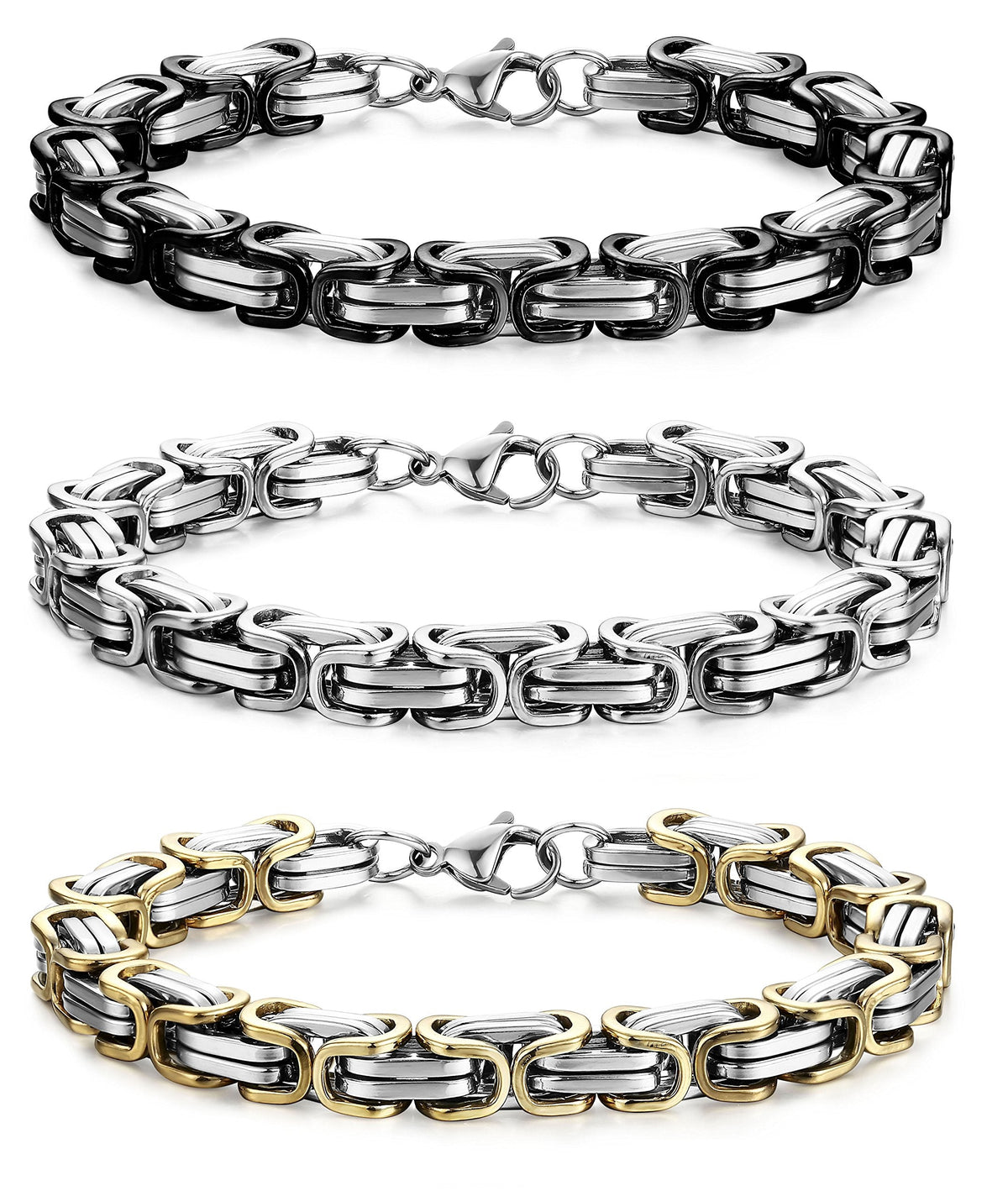 FIBO STEEL 3 Pcs 8MM Stainless Steel Chain Link Bracelets for Men Byzantine Bracelets,8.5 inches