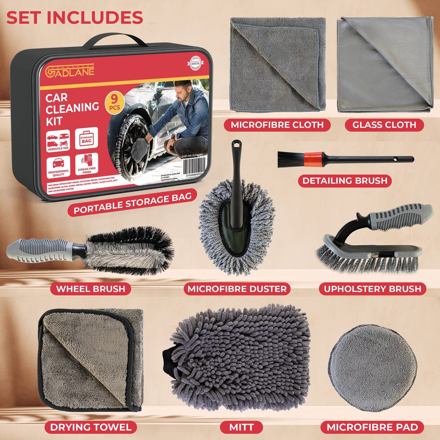 GADLANE 9 Piece Car Cleaning Kit With Storage Bag Includes Upholstery Brush, Detailing Brush, Microfibre Pad, Microfibre Cloth, Wheel Brush, Drying Towel, Glass Cloth, Mitt, Microfibre Duster