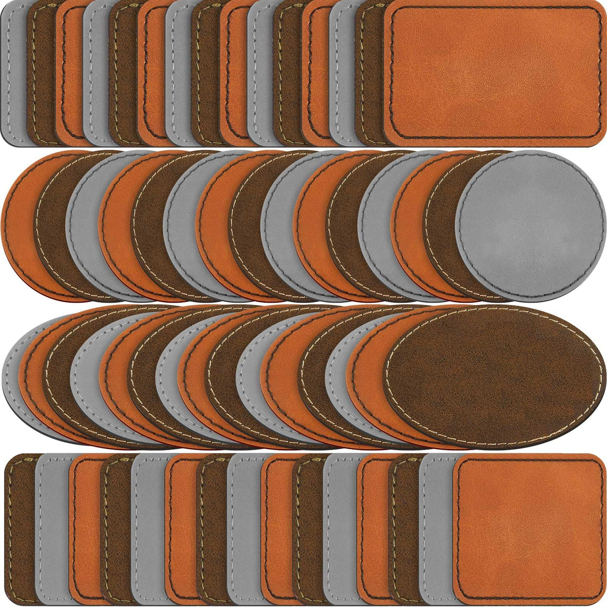 Dunzy 60 Pcs Blank Leatherette Hat Patches Laserable Leatherette Patch Iron on Heat Press with Adhesive Leather Patches for Hats Clothes Repair(Khaki, Golden Brown, Gray,3 x 2 Inches)