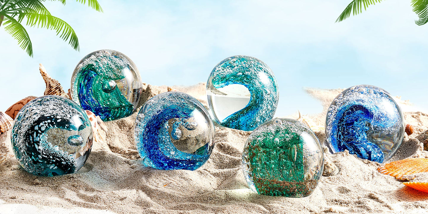 EUSTUMA Hand Blown Glass Figurines Ball Ocean Waves,Office Paperweight Glass for Desk,Home Decor Collectible,Aquarium Decor,Office Decor Ocean Lovers (Blue)