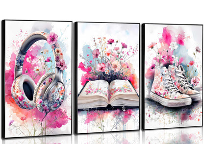 3Pcs Teen Girls Bedroom Canvas Wall Art Fashion Headphones Book and Shoes Pink Watercolo Splash Flower Painting Pictures Wall Decor Print Artwork for Living Room Dorm Home Decoration Unframed