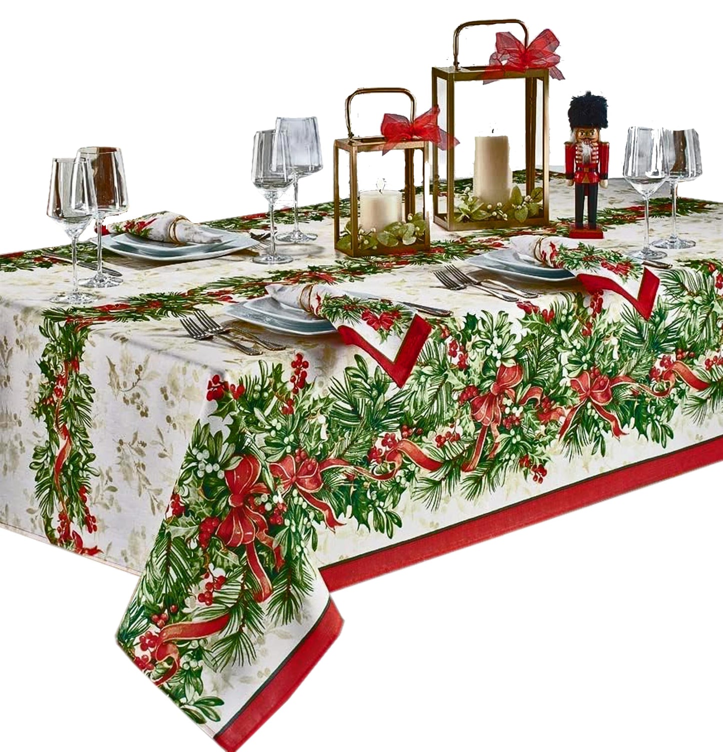 Newbridge Christmas Holly Ribbon Traditions Bordered 70 Inch Long Table Runner, Boughs of Holly and Berry Ribbon Garland Dining Table Runner for Holiday Party