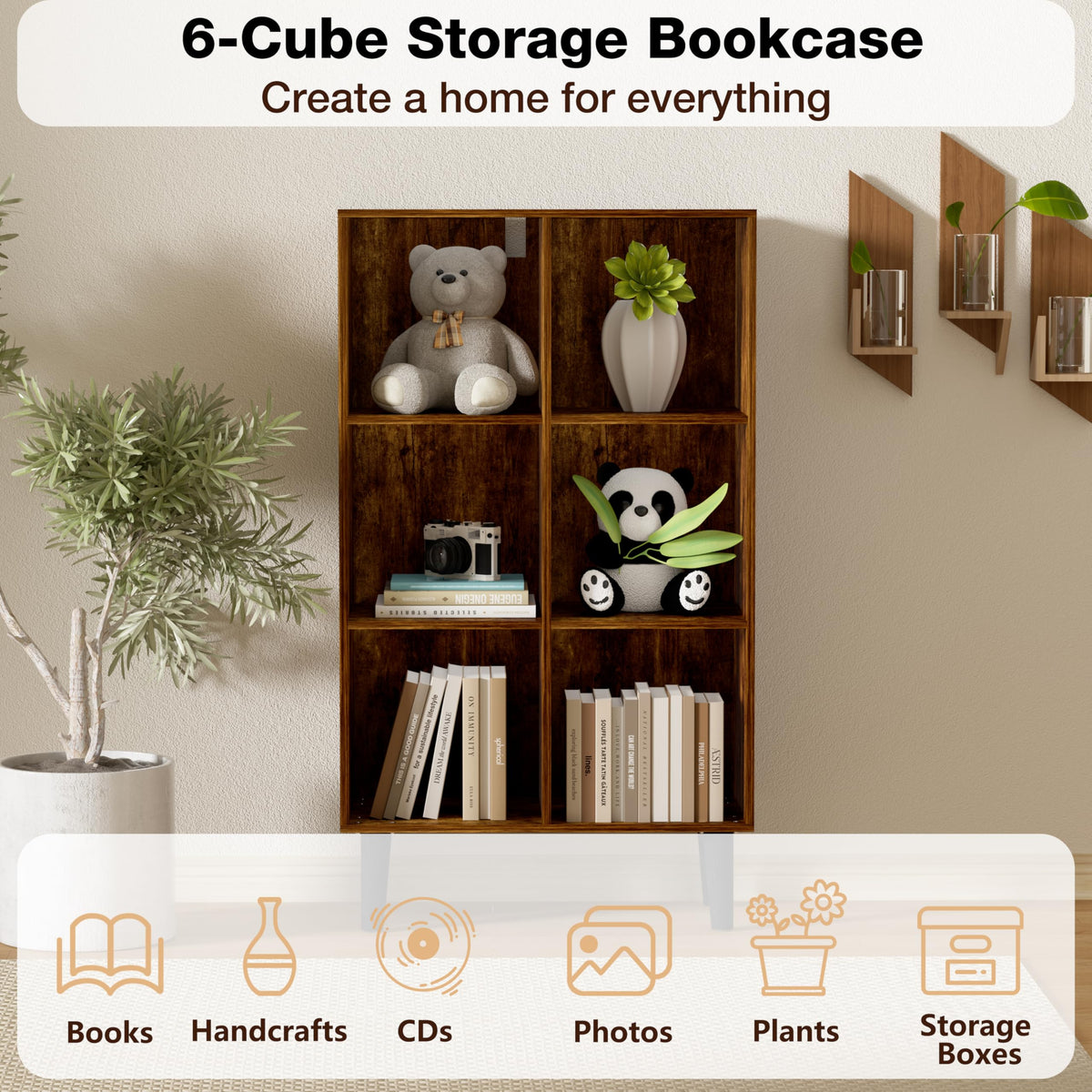 Nestwise 6 Cube Bookcase, Wooden Book Shelf Cube Storage Organizer with Legs, 3 Tier Bookshelf Freestanding Open Shelves for Bedroom, Living Room and Home Office (Brown, 6 Cube Vertical)