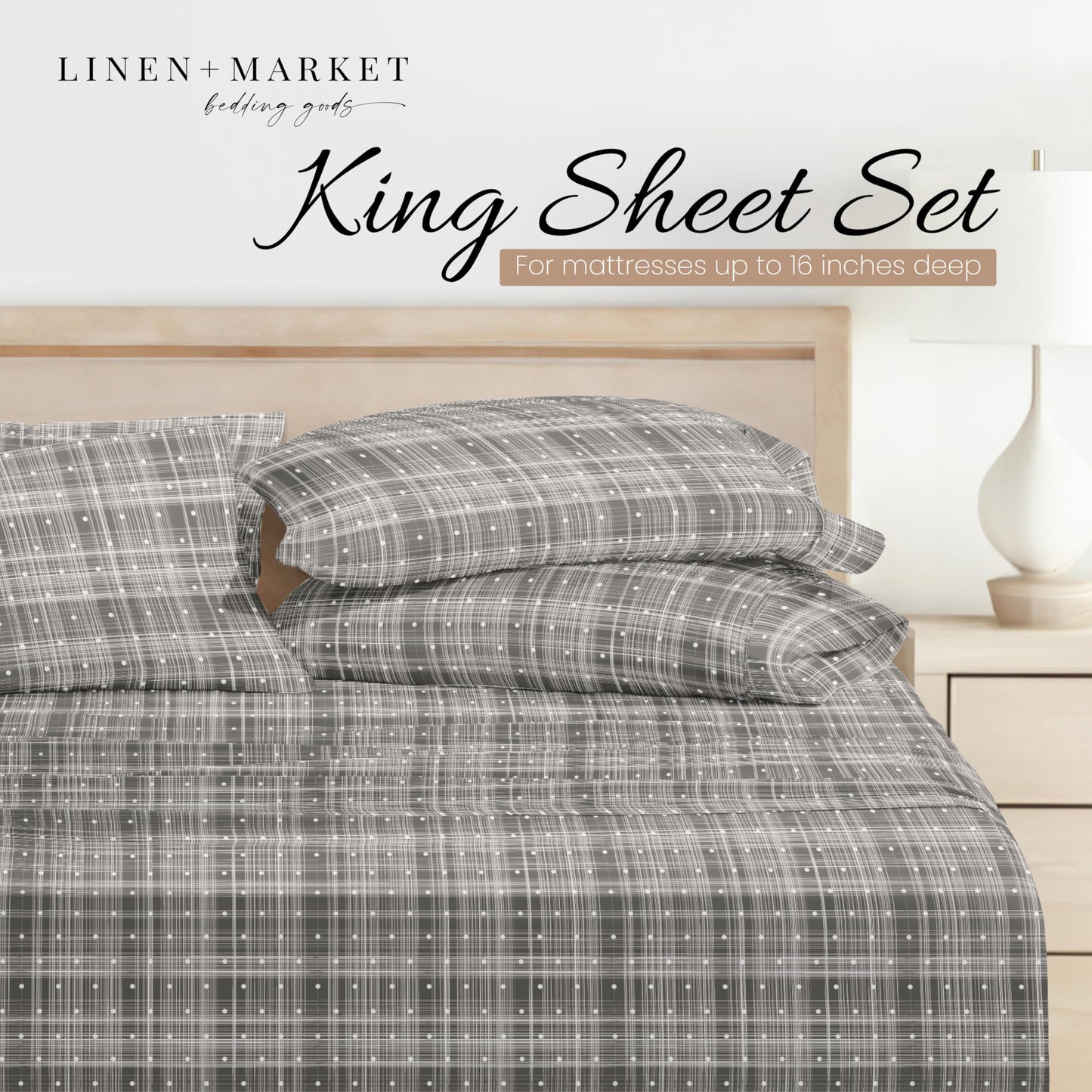 Linen Market 4 Piece King Sheet Set - Breathable, Double-Brushed Patterned Cooling Sheets – Oeko-TEX Certified Ultra Soft & Wrinkle-Free 16" Deep-Pocket King Sheets - Easy Care Polka Dot Gray