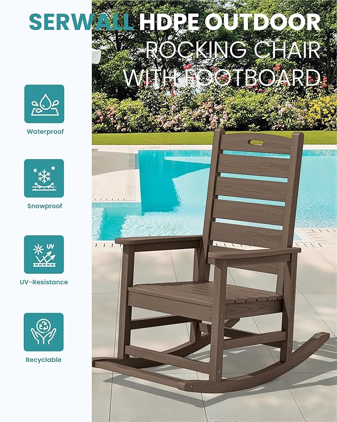 SERWALL Outdoor Rocking Chair Set of 4, Oversized HDPE Patio Rocking Chair with Footrest for Adults, All Weather Porch Rocker for Deck Patio Balcony, Coffee