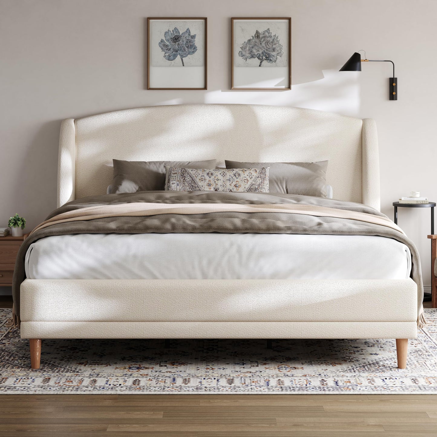 Christopher Knight Home Hazel King Size Bed Frame, Upholstered Platform Bed, Soft Boucle Wingback Headboard, Wood Bed Support and Slats, Curved-Shaped Headboard King Beds for Adult, 45.60" H White