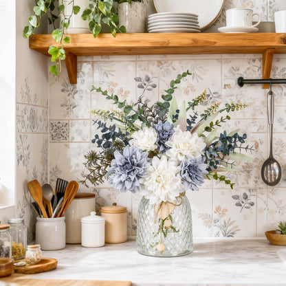 Der Rose Fake Flowers in Vase Silk Artificial Navy Blue Flowers Arrangements with Glass Vase for Dinning Coffee Table Centerpieces Home Kitchen Farmhouse Wedding Decor