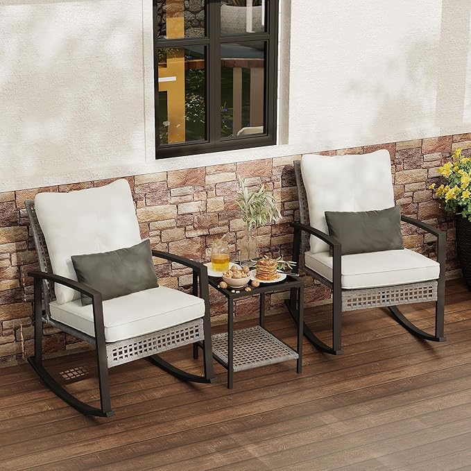 3 Piece Patio Rocking Chairs Set of 2, Outdoor Rocking Chair Bistro Set with Tempered Glass Coffee Table and Thick Lumbar Pillow Set, Front Porch Chairs for Garden, Backyard (Gray Rattan)