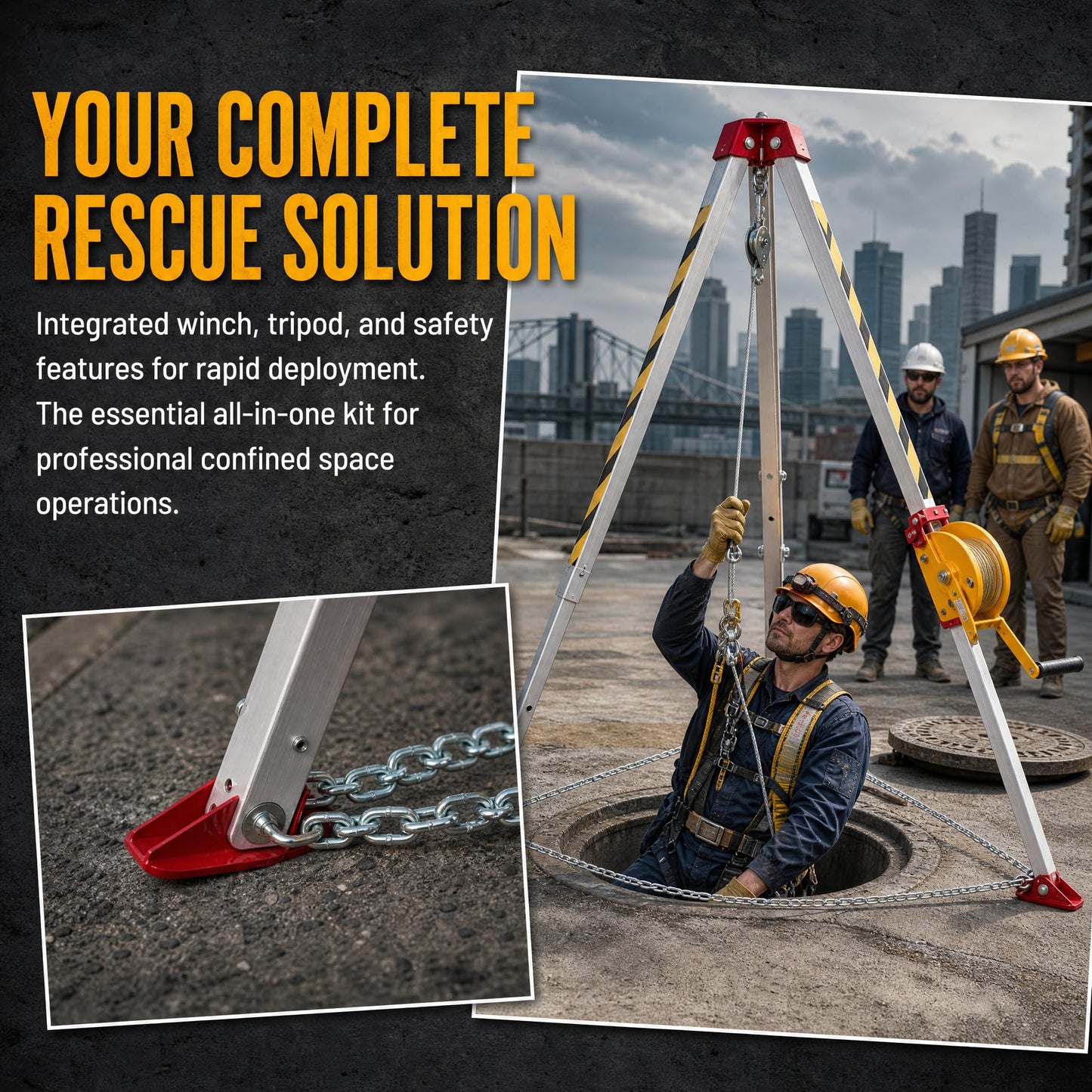 Lifting Winch Tripod Kit 1800lbs Confined Space Tripod Fall Protection Equipment 30m Steel Wire Rope Adjustable Height 4.40-7.1FT Safety Equipment Rescue Tripod Stand System