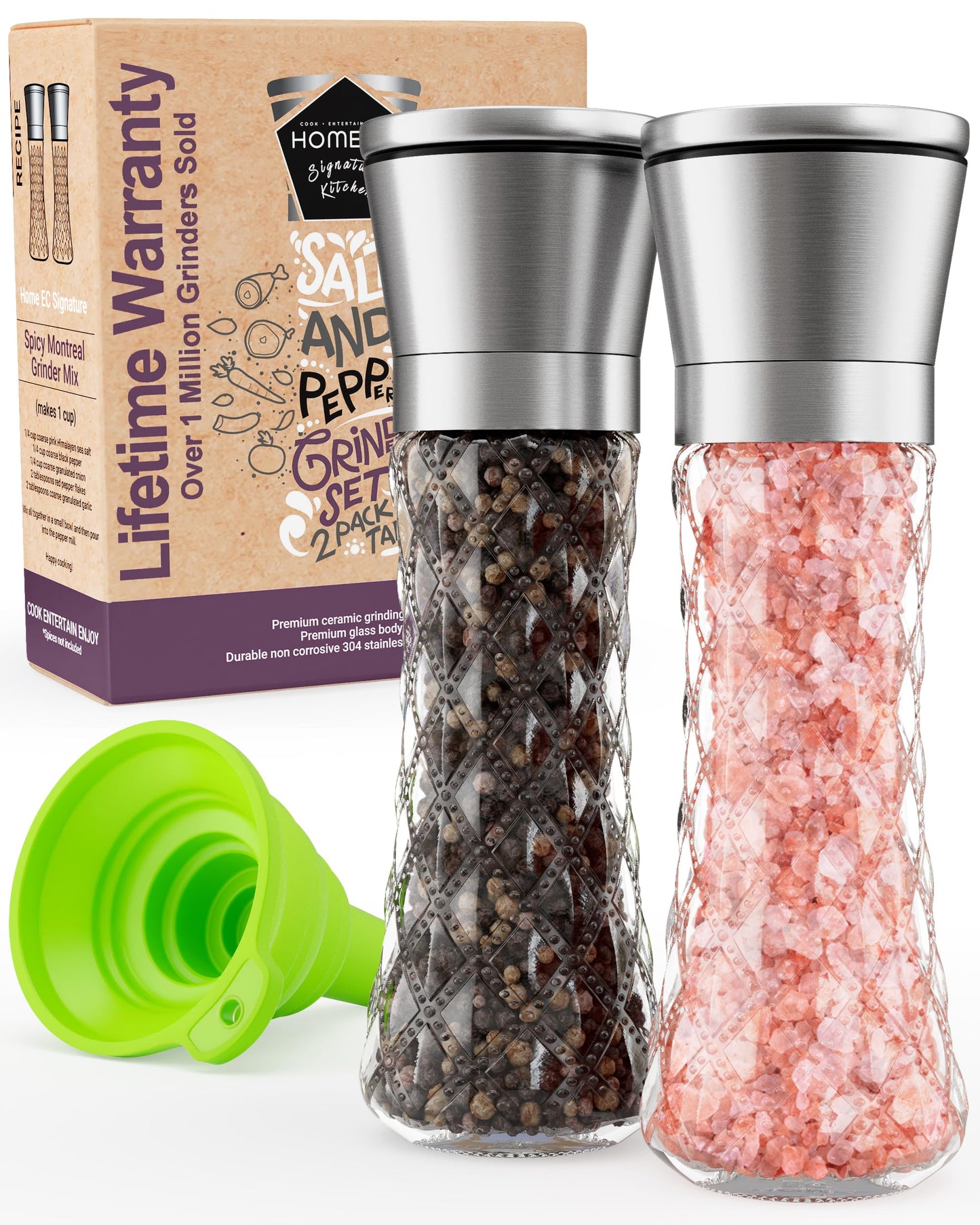 Home EC Original Stainless Steel Sea Salt and Pepper Grinder Set of 2 - Adjustable Ceramic Grinder - Diamond Pattern Glass - Salt and Pepper Shakers - Kitchen Spice Mill - Modern Kitchen Accessories