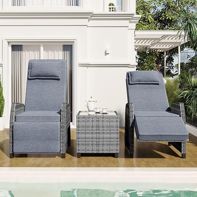 Outdoor Recliners Chair Set of 2 for Patio with Wicker Coffee Table, Comfort Cushion, Adjustable Angle Weatherproof Reclining Chairs for Courtyard, Swimming Pool, Balcony (Grey)