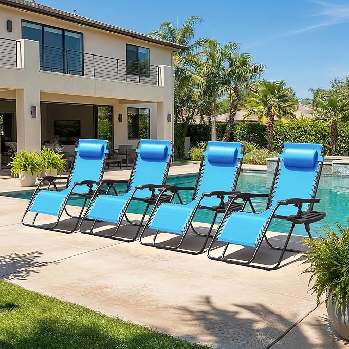 Homall Zero Gravity Chair Patio Folding Lawn Outdoor Lounge Gravity Camp Reclining Lounge Chair with Cup Holder Pillows for Poolside Backyard and Beach Set of 4 (Sky Blue)