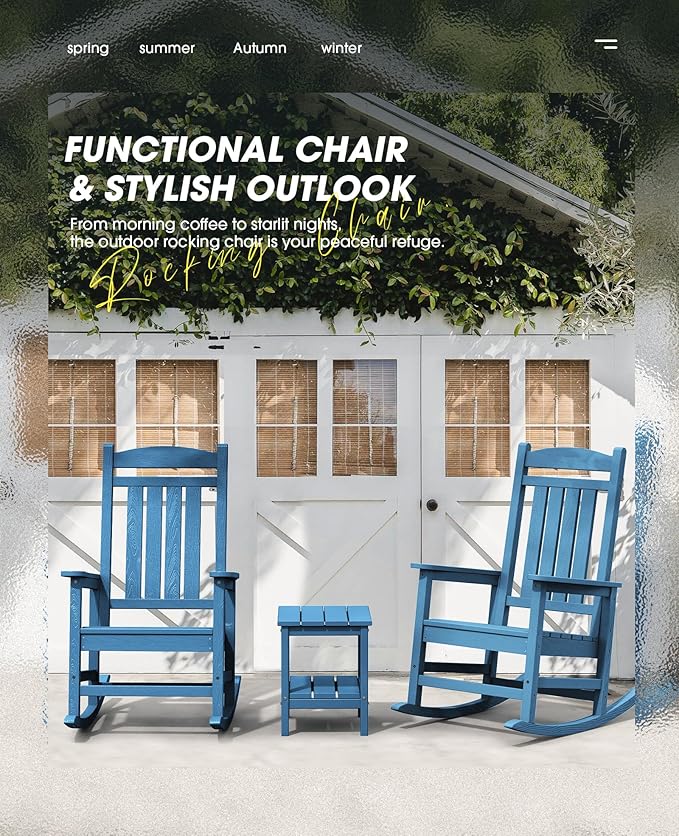 KINGYES HDPE Rocking Chairs Outdoor, Patio Rocking Chairs with 330lbs Support, Smooth Porch Rocker for Deck Lawn Yard, Navy