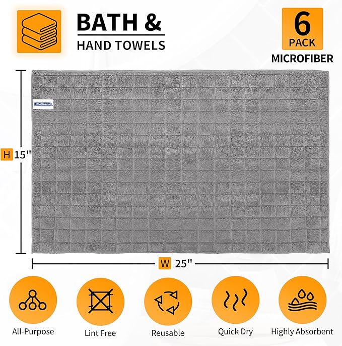 HOMERHYME Microfiber Hand Bath Towels, 6 Pack 25''*15'' Grey Bathroom Hand