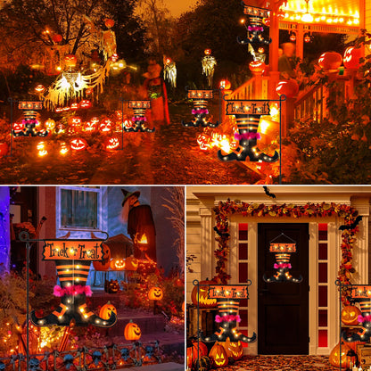 Qunlight Halloween Trick Or Treat Graden Flag lights without flag pole, Double Sided Witch Feet Flag Banner 17.1*17.2Inch ,16 Warm White LED with 8modes Solar Panel, Decorations for Outdoor,Yard ,Home