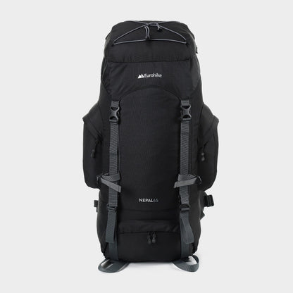 Eurohike Nepal 65 Litre Rucksack with Ventilated Back Panel & Padded Harness, 65L Backpack, Bag for Men & Women, Adjustable, Lightweight, Camping, Hiking, Trekking, Travelling, Outdoors, Black