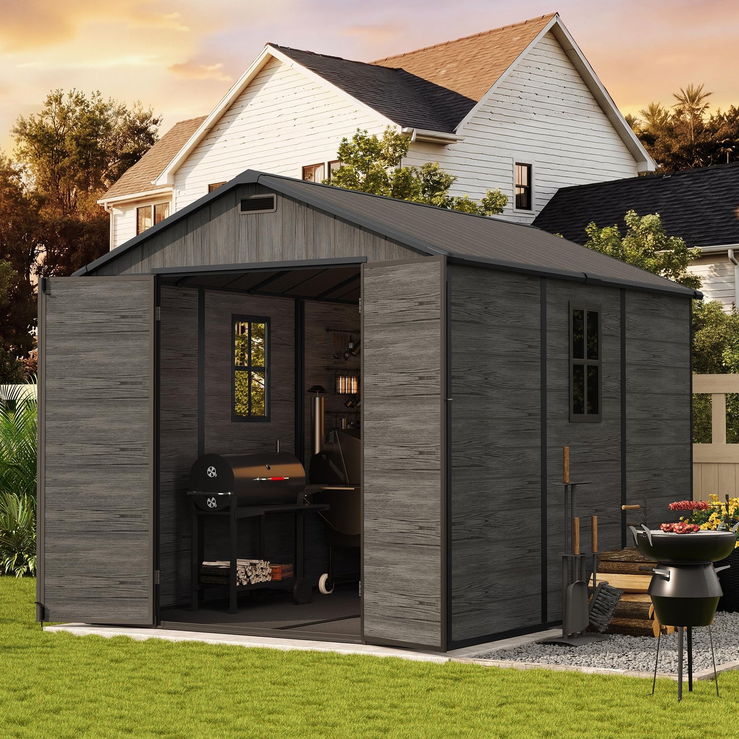 UDPATIO Outdoor Resin Storage Shed 8 x 10 FT, Plastic Storage Shed with Floor Large Outdoors Garden Tool Storage Shed Outside Clearance Shed with Lockable Door for Bike, Backyard, Patio, Deep Grey