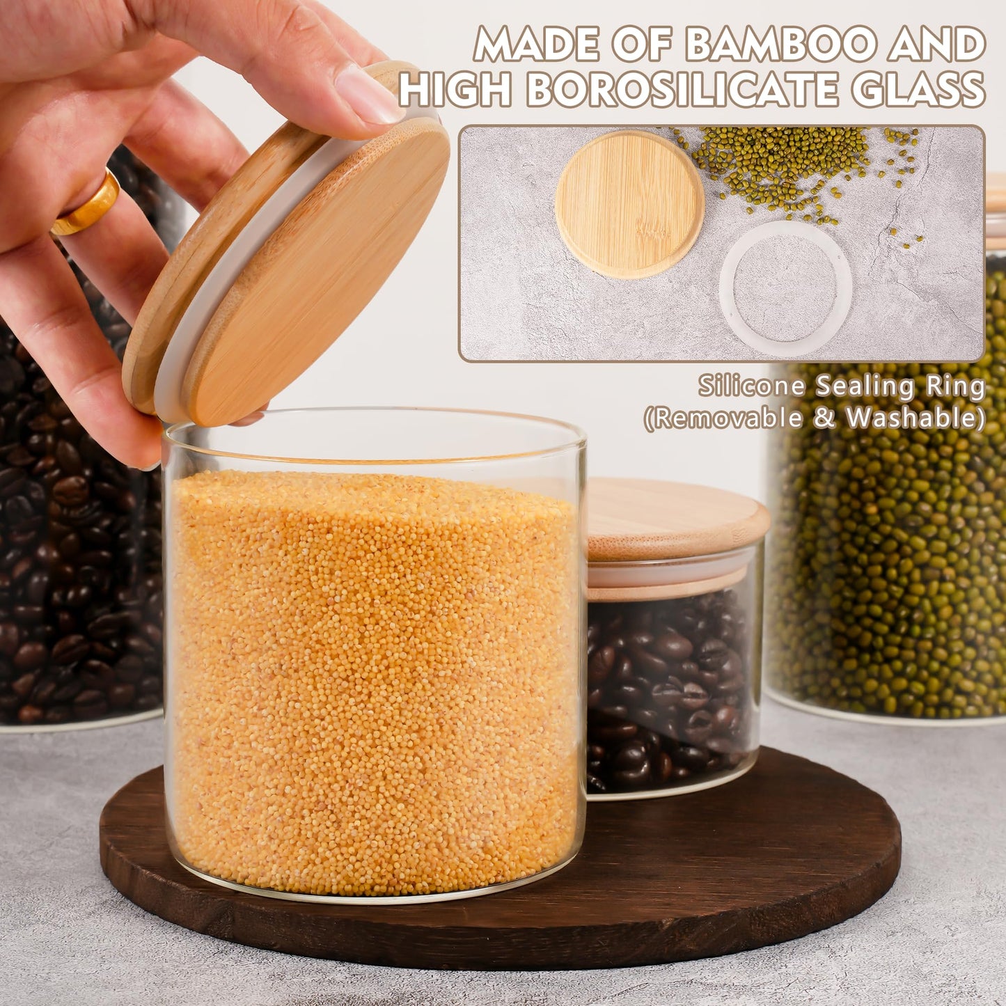 2PCS Small Glass Storage Jars with Airtight Lids,11 fl oz (330ml) Cute Clear Storage container with bamboo Lid,Glass Pantry Canister for Beans, Rice,Sugar,Cookie Coffee(N-Clear-2PCS-11FL OZ/330ML)