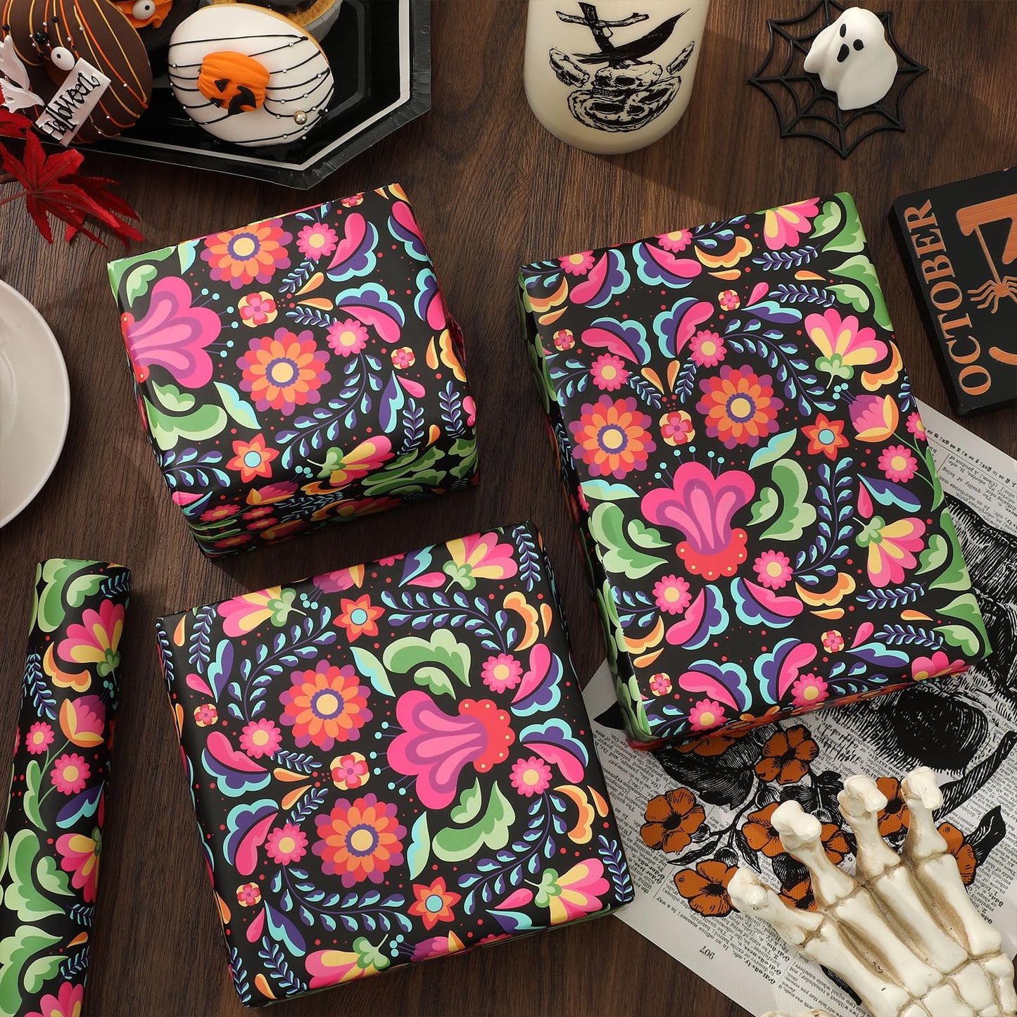 JarThenaAMCS Halloween Wrapping Paper -Mini Roll- 17in x 32.8Ft Day of The Dead Mexican Floral Gift Wrap Paper for Party Wrapping Supplies