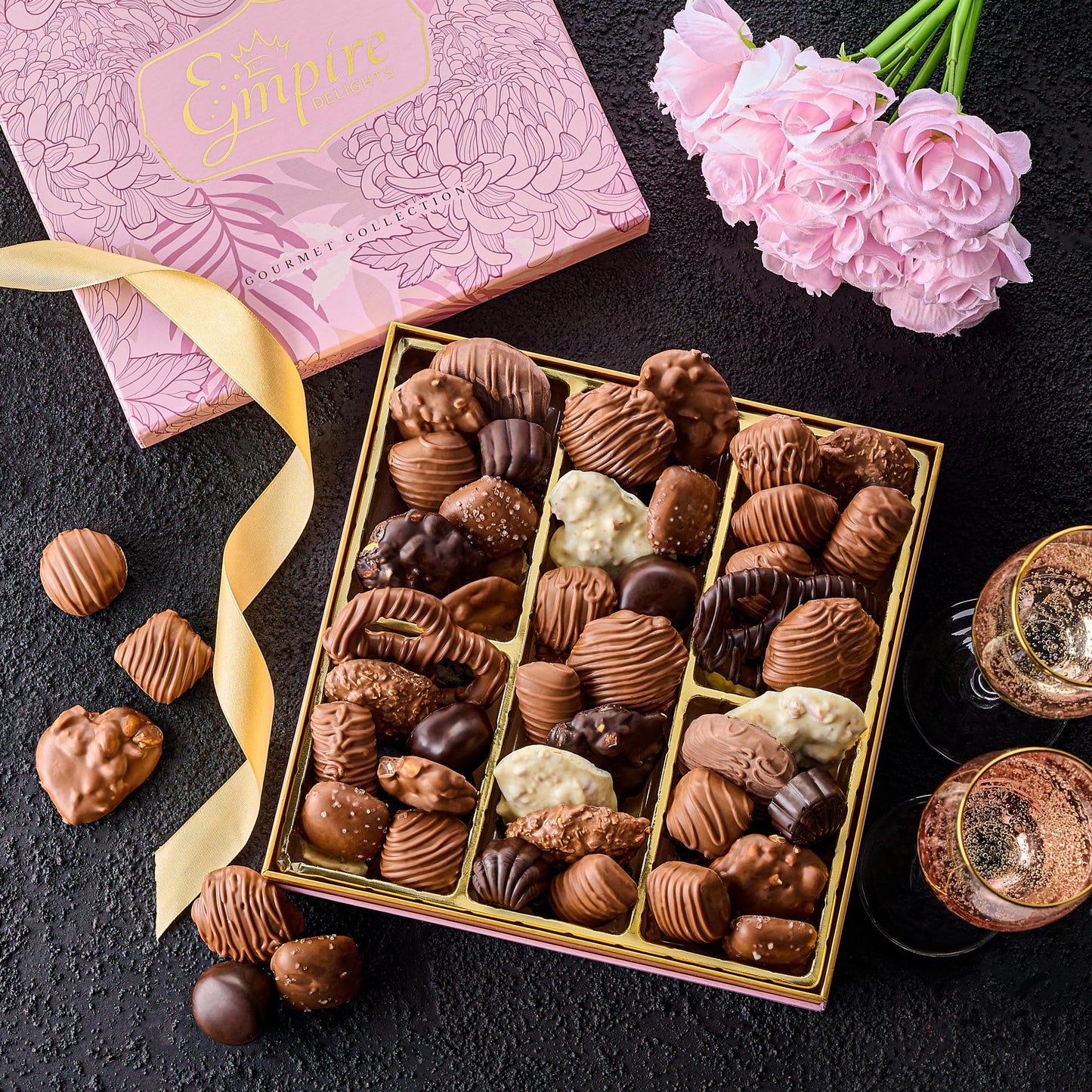 Chocolate Gift Box with Assorted Gourmet Chocolate - Pink Floral Gift Box - Food Gift Basket for Women - Birthday, Thank You, Present Idea for Her, Holiday Gift Baskets by Empire Delights