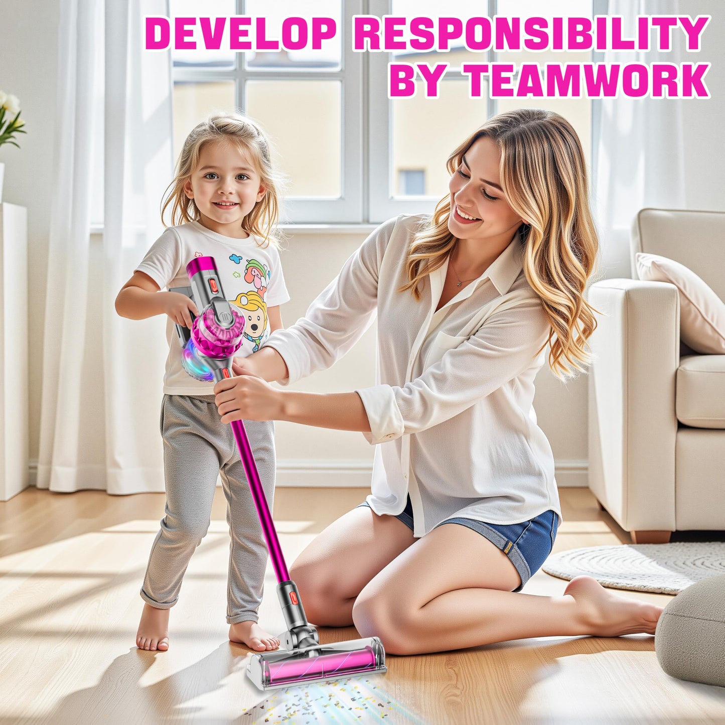 BLAXTEM 4-in-1 Kids Toy Vacuum that Works with Suction, Electric Toy Toddler Vacuum Cleaner for Children Girls & Boys, Toddlers Toys Cleaning Set for Pretend Play (Rose Red)