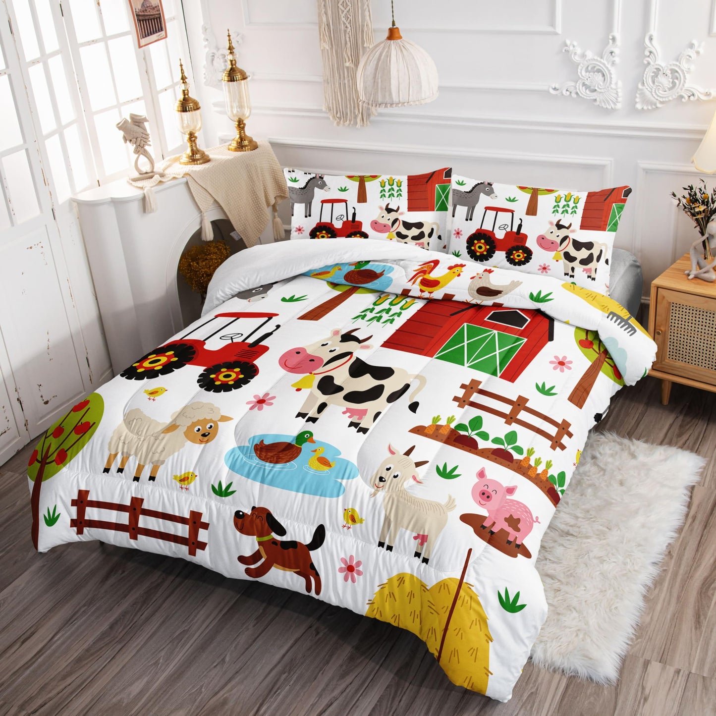 Smell Sunshine Kids Comforter Set Farm Theme Printed Pattern Bedding Set with 1 Comforter and 2 Pillowcases for Girls Boys Bedroom All Season(Farm Theme01 Twin)