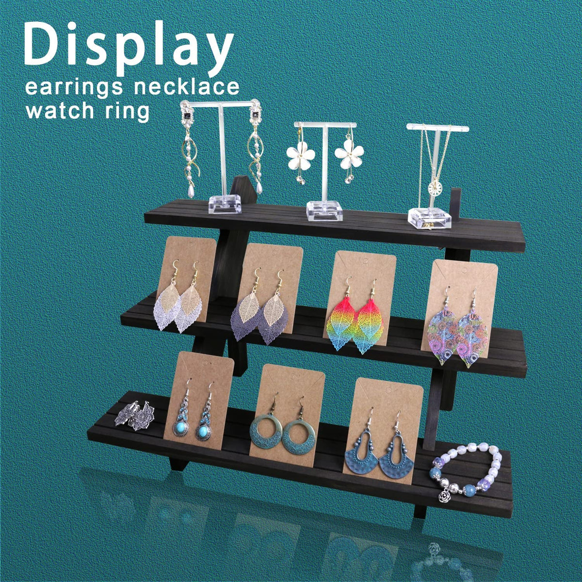 Auroal 3 Tier Earring Display Stands For Selling, Retail Display Riser Earring, Ring Holder Stand, Removable Countertop Small Merchandise Display Stand, for Figures,Cupcake, Photo (Brown color)