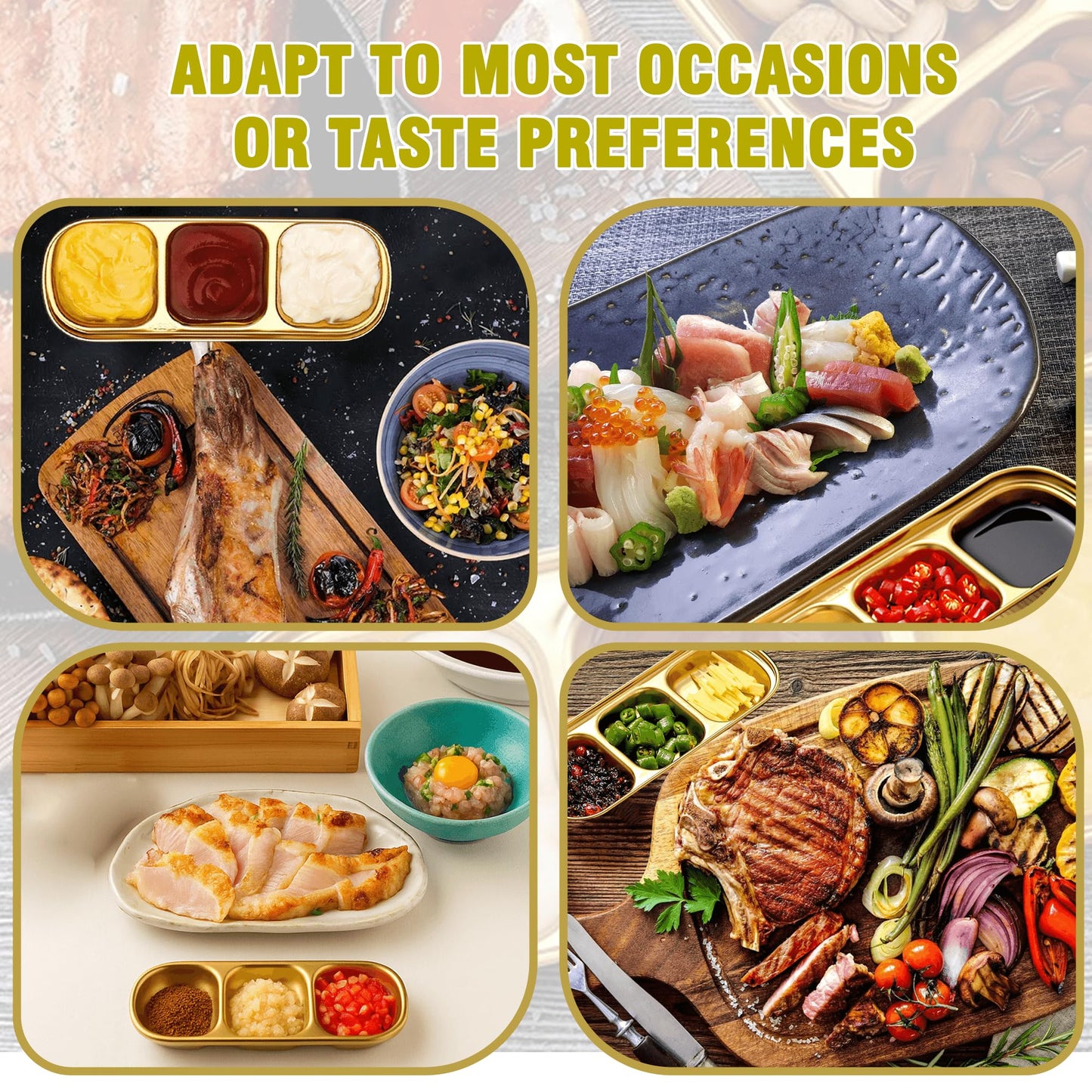 14 Pcs Soy Sauce Dish Stainless Steel Divided Dip Bowls Korean Sauce Plate Seasoning Dipping Condiment Tray for Sushi BBQ Vinegar Spice Salt Sugar Flavor Home Kitchen Restaurant (Gold, 3 Compartment)