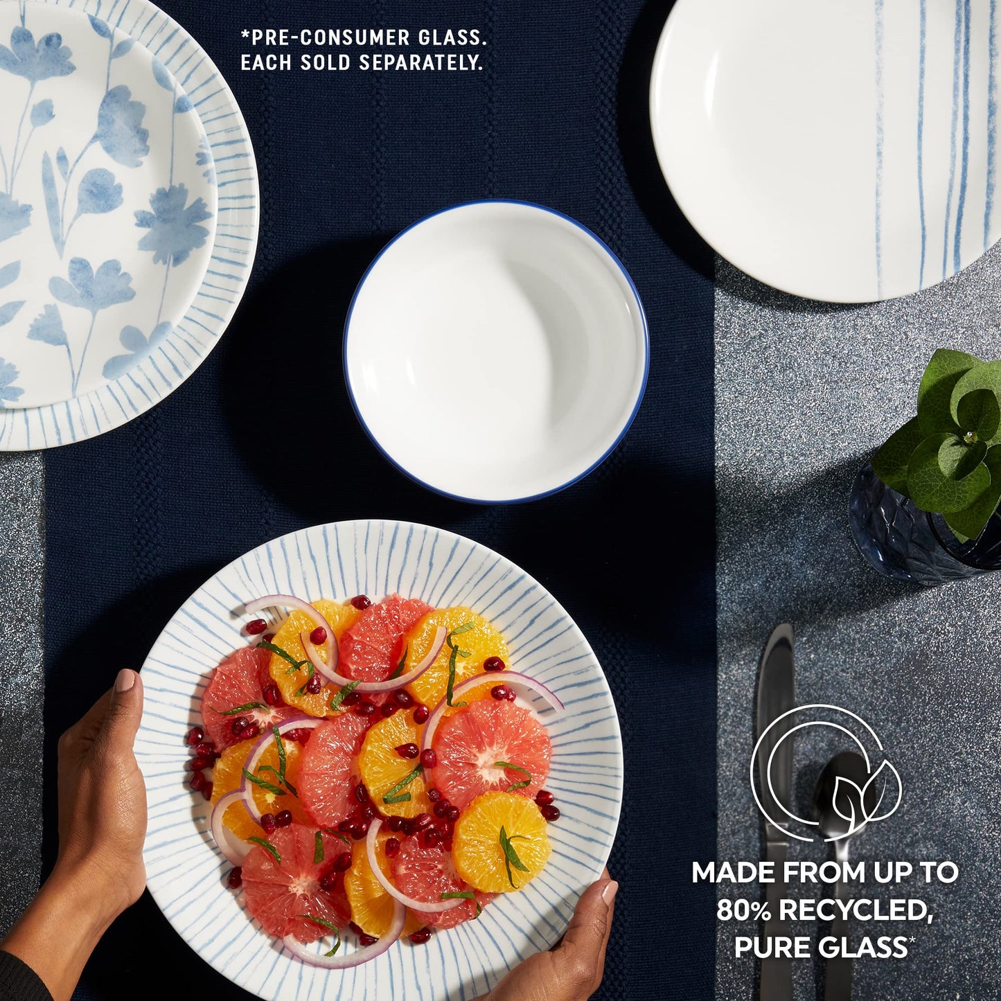 Corelle 6-Piece 10.25" Vitrelle Glass Dinner Plates Lightweight, Chip/Scratch Resistant - Botanical Stripes