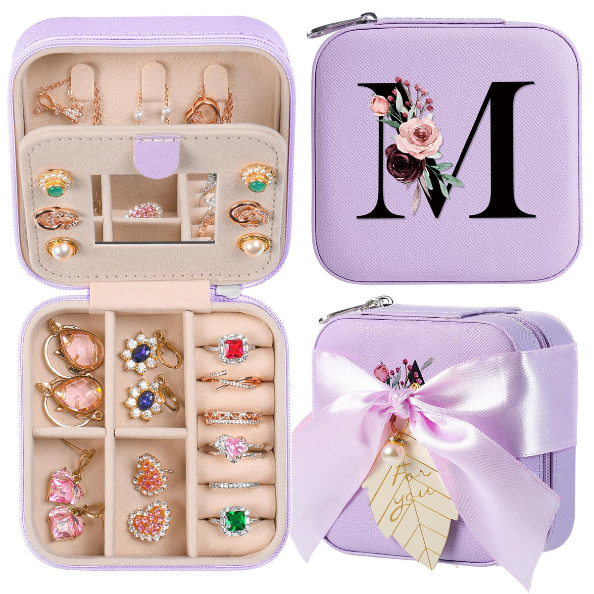 AYGXU Jewelry Organizer Box - Birthday & Mothers Day Gifts for Women, Small Travel Jewelry Case, Initial M Purple