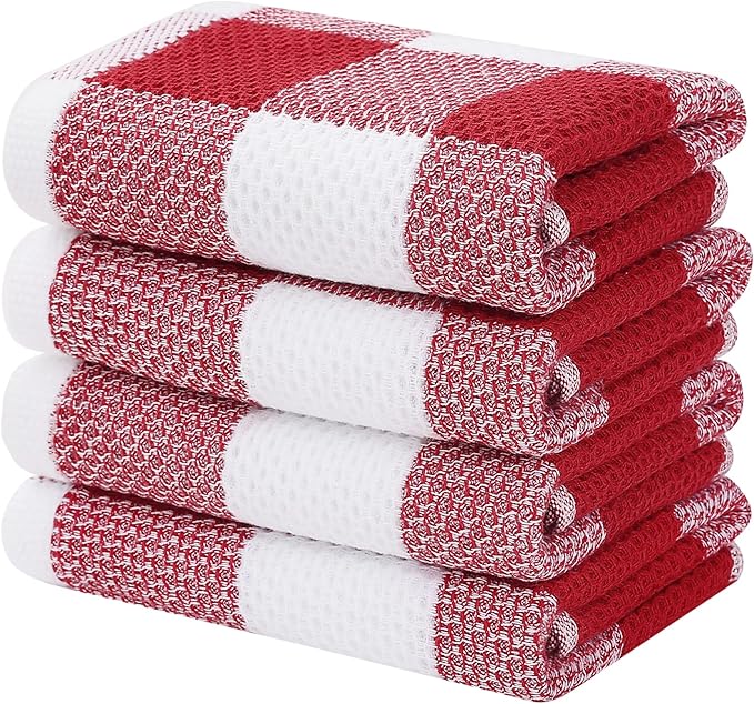 Homaxy 100% Cotton Waffle Weave Check Plaid Kitchen Towels, 13 x 28 Inches