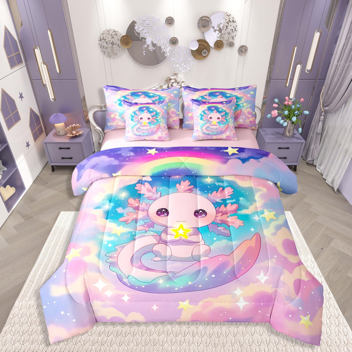 Girls Axolotl Queen Comforter Set Preppy Cute Axolotl Bed in a Bag with Flat and Fitted Sheet for Kids Boys Teens Dreamy Cloud Stars Rainbow 7-Piece Bedding Set Cartoon Ocean Animal Quilt Duvet Sets