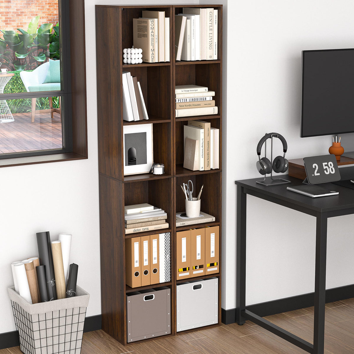 NewBeth 6 Cube Storage Organizer, Narrow Open Shelf Bookcase, Freestanding 6 Tier Low Display Bookshelf for Home Office, Living Room, Bedroom, Dark Brown & Black Walnut