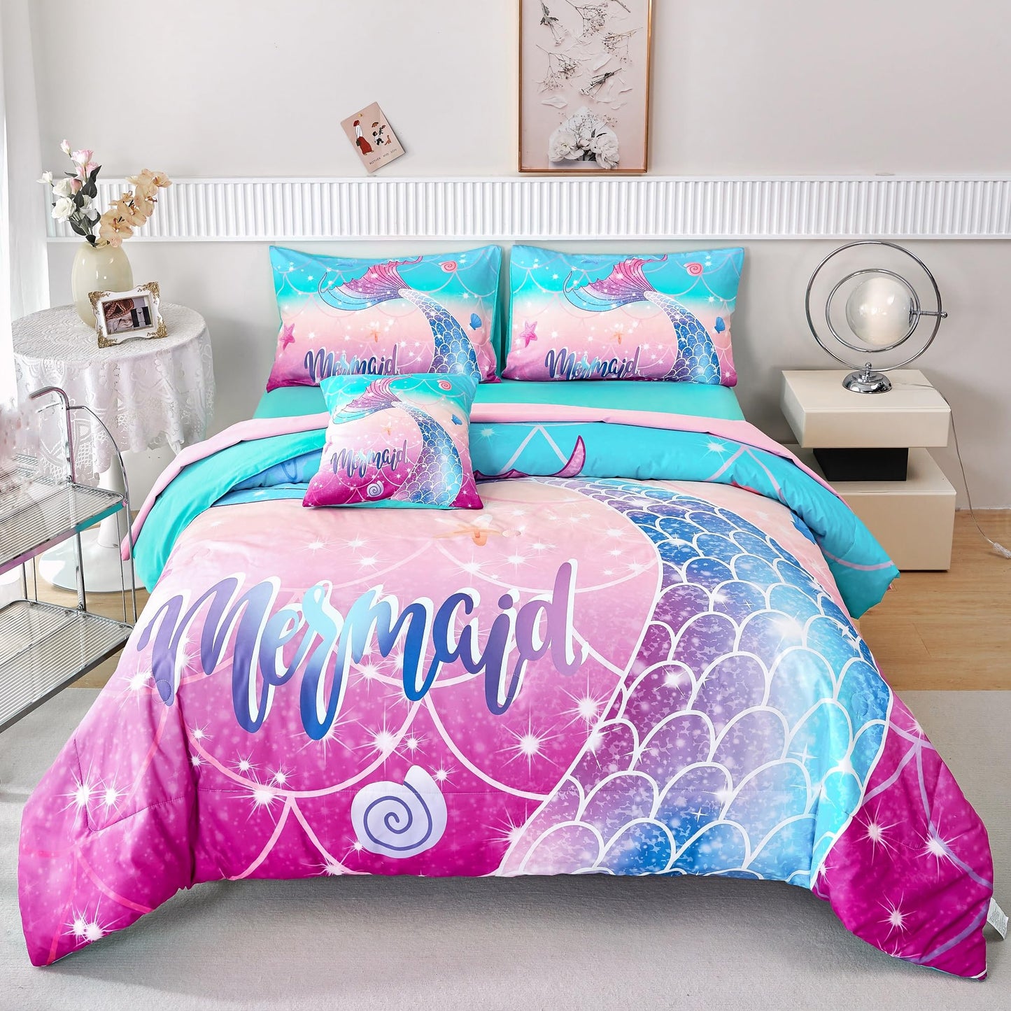 RYNGHIPY Kids Girls Comforter Set 6Pcs, Mermaid Bed in a Bag Twin Size, Fish Tail Print Teens Girls Bedding Set, Rainbow Bedding Collections