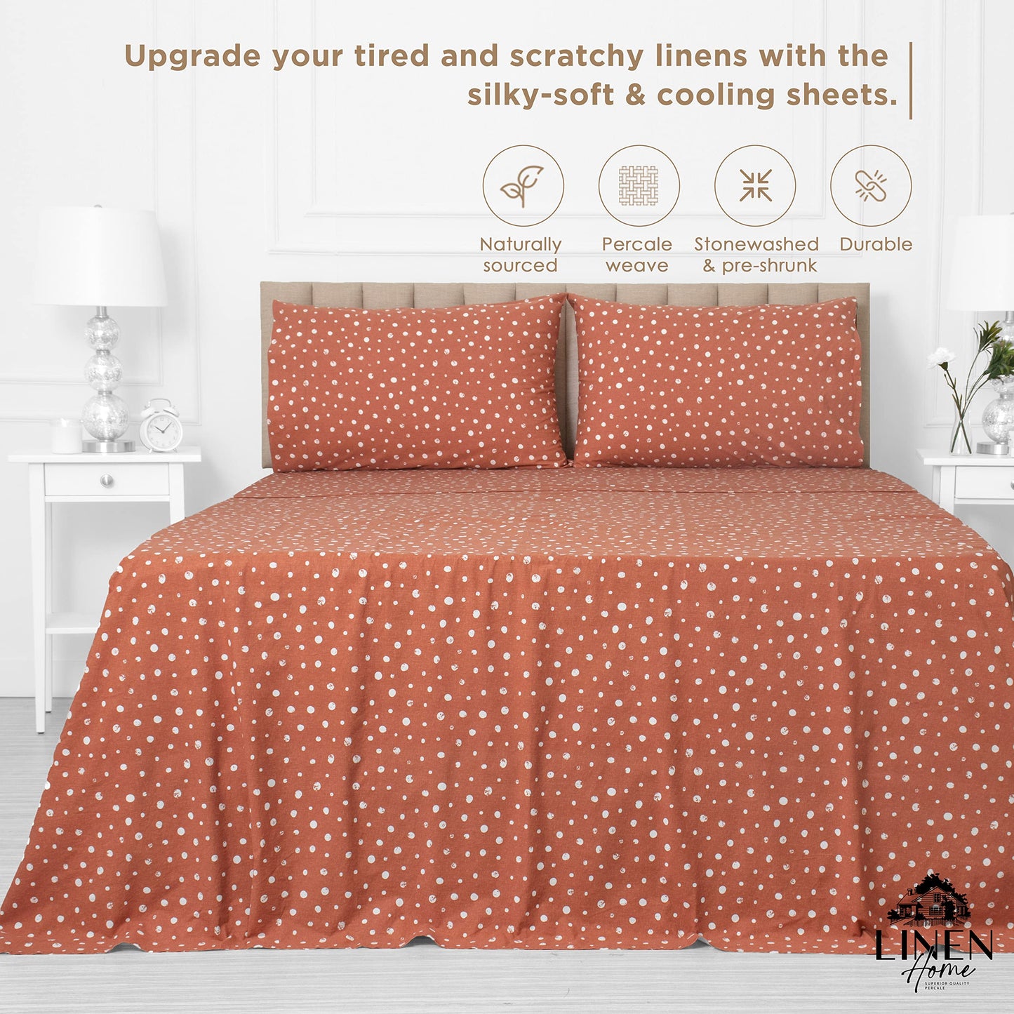 Linen Home Cotton Lyocell Blend Percale Sheet Set Queen Size - 4 Piece Deep Pocket Bedding, Pre-Washed & Shrunk, Crisp Cooling Fabric, Fade-Resistant, Hotel Luxury, Wrinkle-Free - Polka Cedar Wood