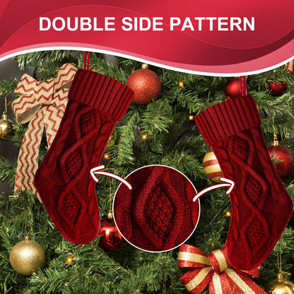 Kunyida 3PCS 14" Unique Burgundy and Ivory White and Green Knitted Christmas Stockings