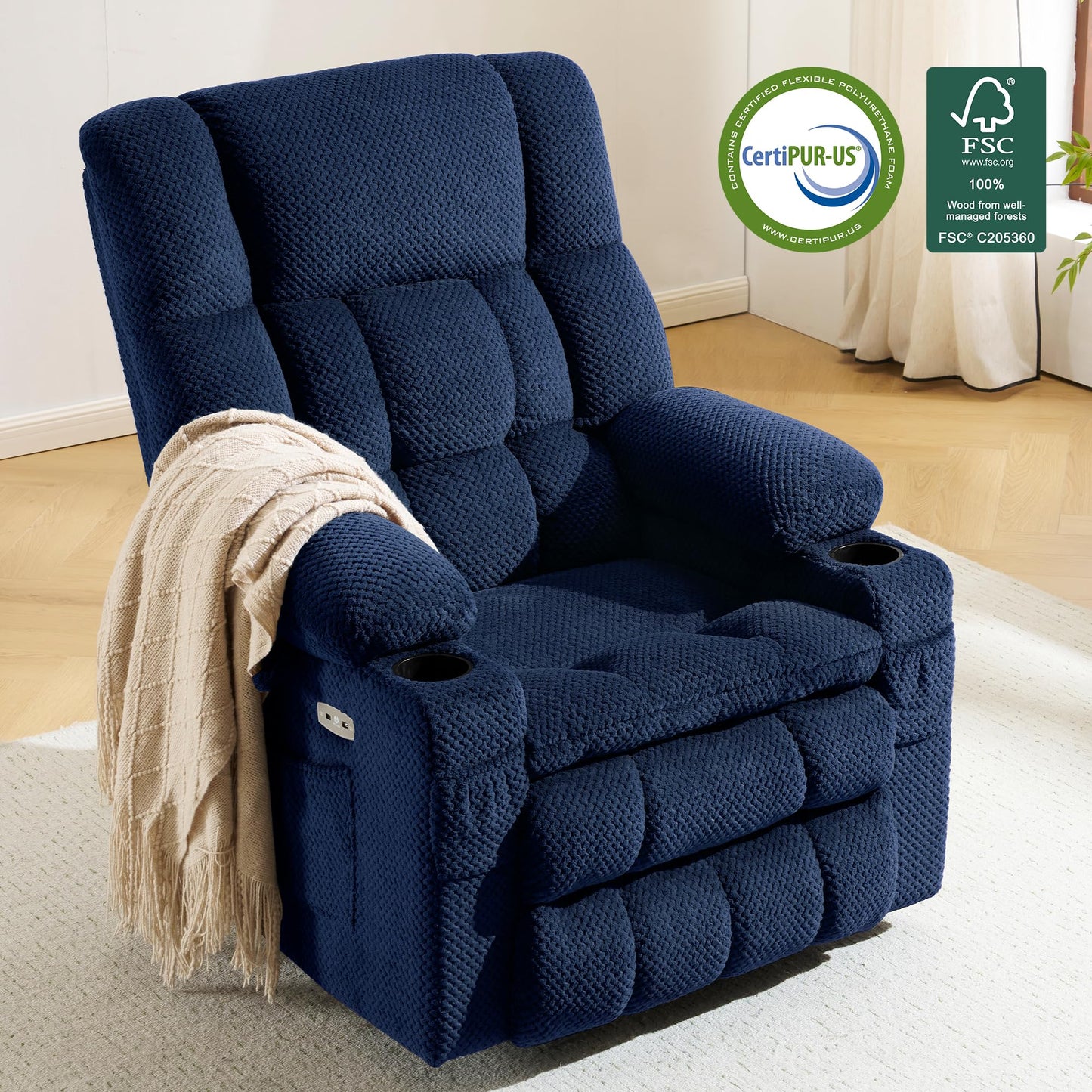 MCombo Dual Motor Power Lift Recliner Chair with Massage and Heat for Elderly People, Infinite Position, USB Ports, Cup Holders, Fabric 7890 (Medium, Yale Blue)