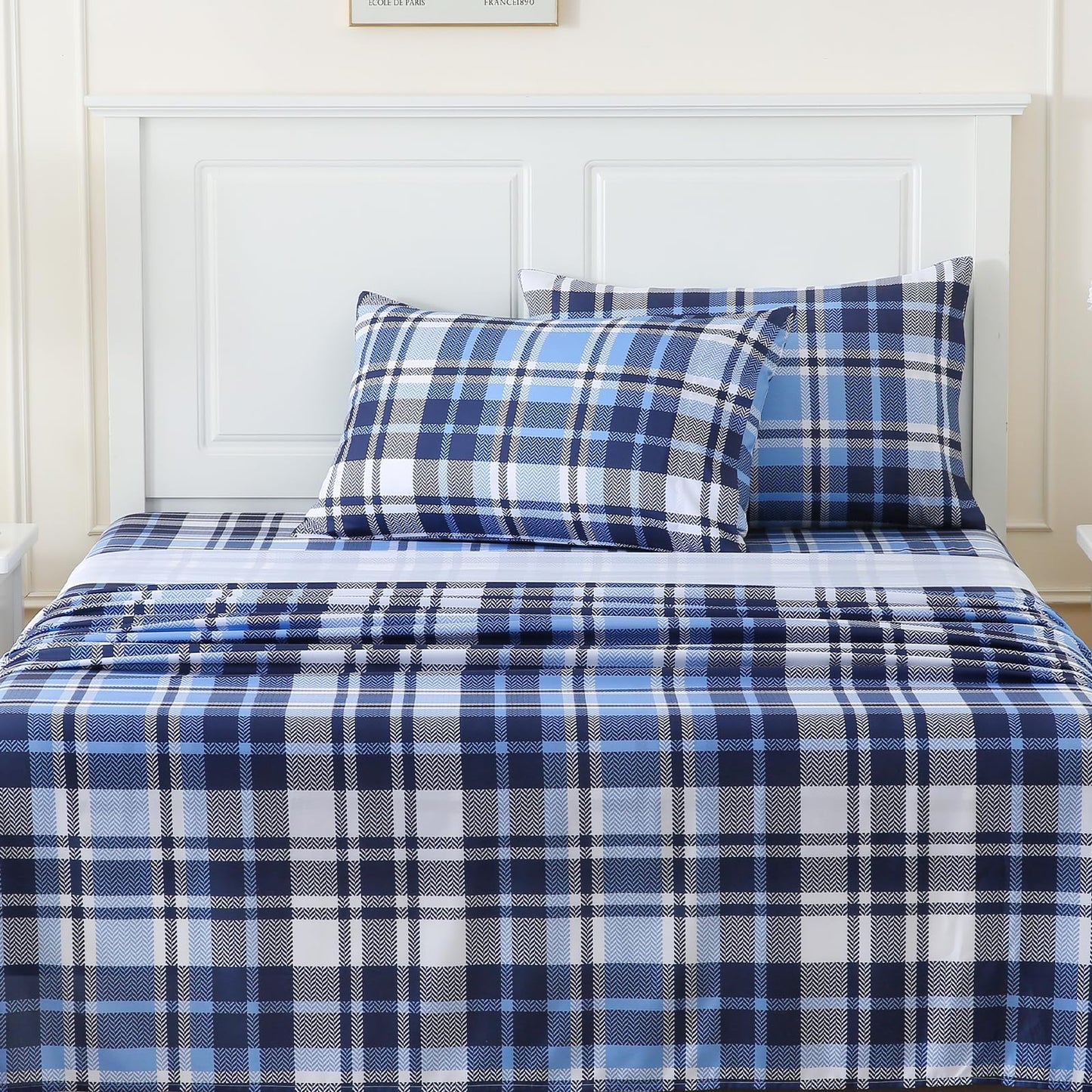 MICORAL Queen Sheet Set Blue Gingham Plaid, 4-Piece Brushed Microfiber Grid Bed Sheets, 16" Deep Pocket, Ultra Soft & Cooling Sheet, Oeko-TEX Certified, Blue