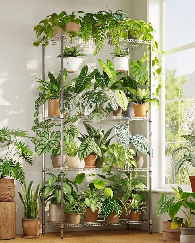 Large Plant Shelf Indoor Plant Stand Outdoor 4 Tier for Plants Heavy Duty 3000lbs Plant Rack Storage Shelves Adjustable Tall Plant Holder for Balcony Garden Patio