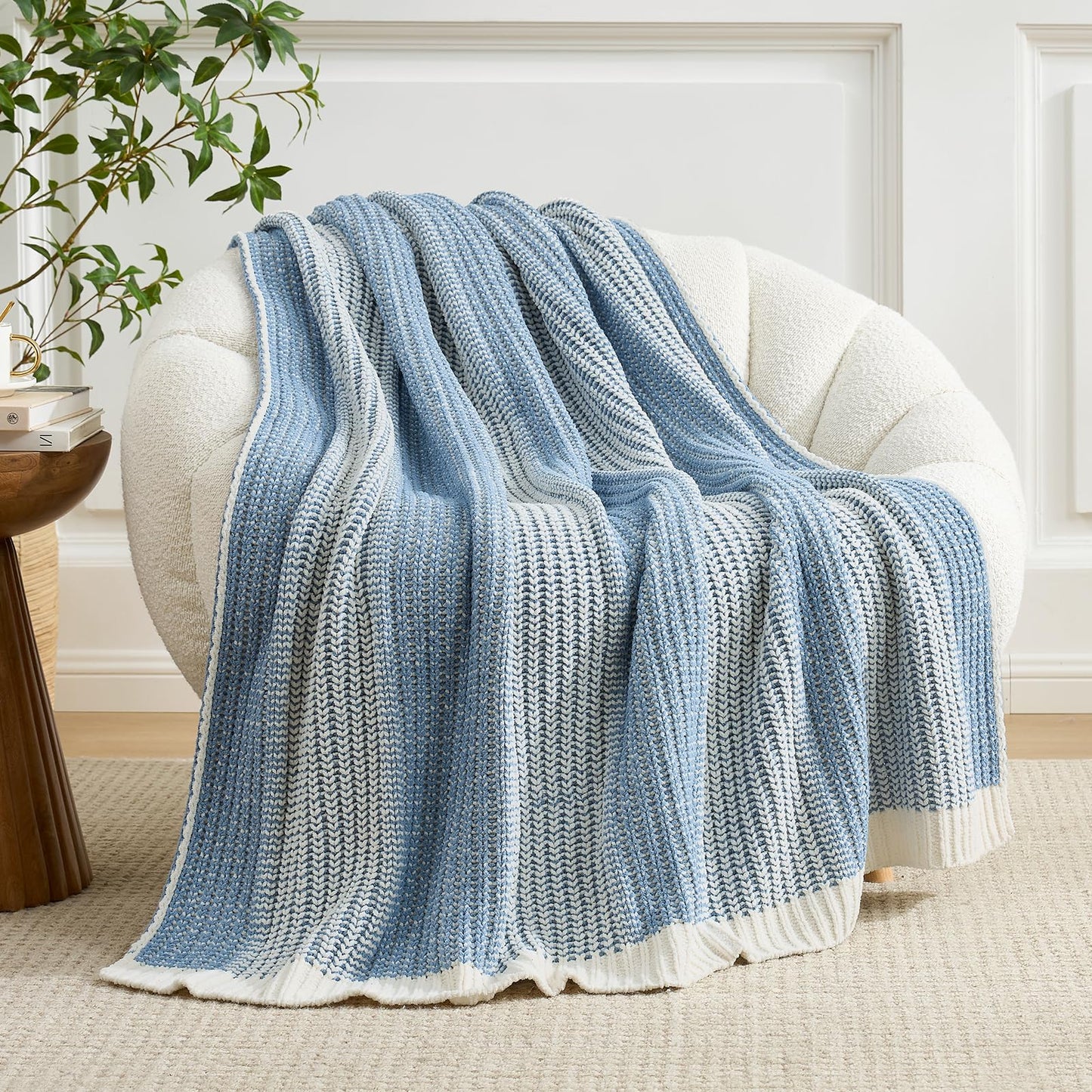 Amélie Home Chenille Knit Throw Blanket Set, Solid Chevron & Two-Tone Blue, Soft Decorative Blankets for Couch & Sofa, 50"x60" 2-Pack