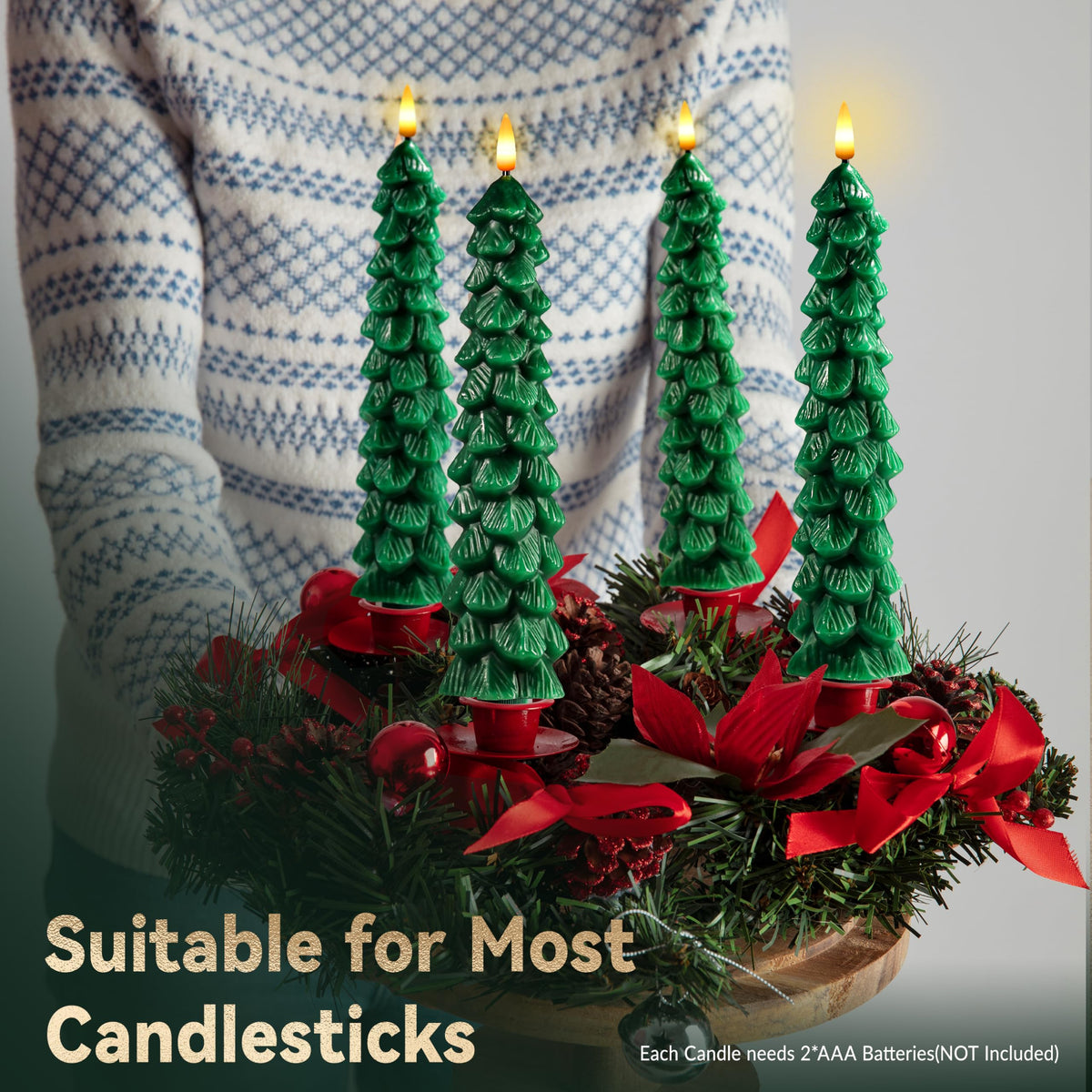 Sttokilly 4Pcs Christmas Tree Flameless Candles with Remote and Timer,LED Candles Battery Operated,Real Wax Window Candlesticks with Flickering 3D Flame for Christmas Decoration