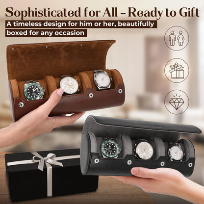 Lux Reve Travel Watch Case 3 slots - Bonus Pouch Included, Portable Watch Box & Home Storage, Gift-Ready, PU Leather Organizer, Angled Easy-Removal Cushions, Velvet Lining, Black