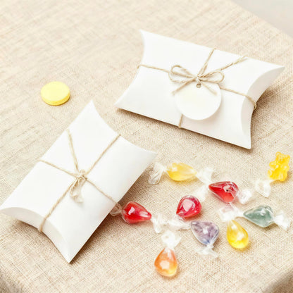 SEUNMUK 150 Pack 5 x 3.5 Inches Large Pillow Boxes, Kraft Pillow Boxes with Jute Twines, white Pillow Candy Box Party Wedding Favor for Anniversary, Birthday, Halloween