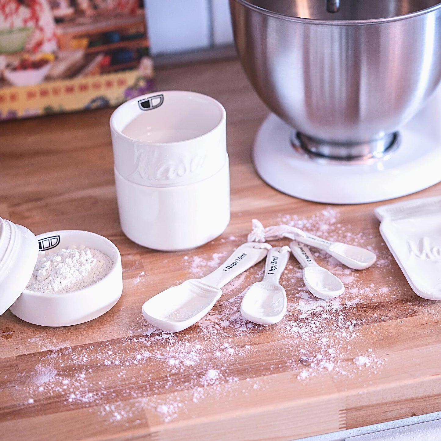 Farmhouse Canisters Sets for the Kitchen - Mason Jar Ceramic Kitchen Utensil Holder, Spoon Rest, Cute Cookie Jar, Salt & Pepper Shaker Sets, Sponge Holder, Measuring Cups & Spoons (White,17-Pc Bundle)